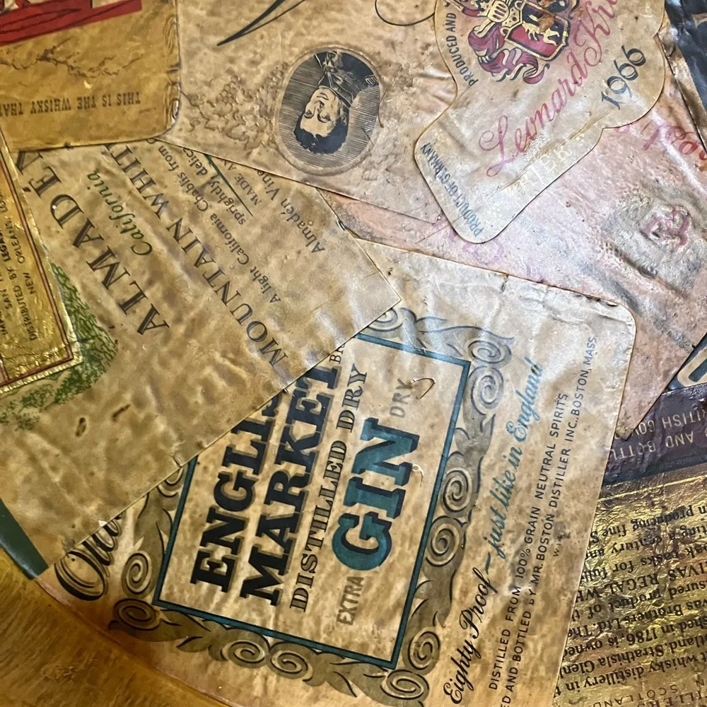 Vintage Liquor Labels Tin Metal Tray Decoupaged 13.5” Wide Unique Bar Decor